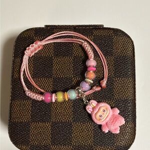Pink Beaded Adjustable Bracelet Labubu Charm